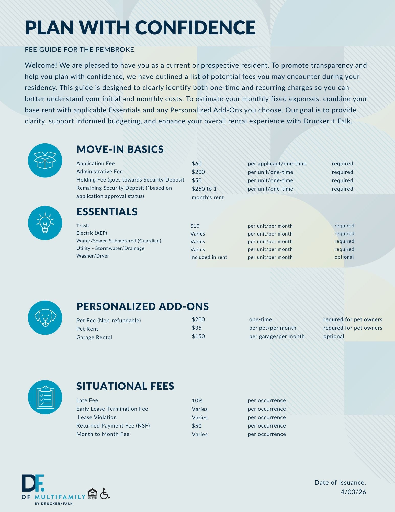 Fee Guide for The Pembroke - Please call our leasing office for more details